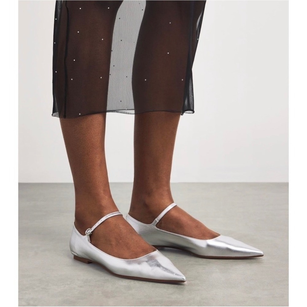 New AEYDE Cleo Pointed Toe Mary Jane Flat in Silver, Size EU 38.5/ US 8.5